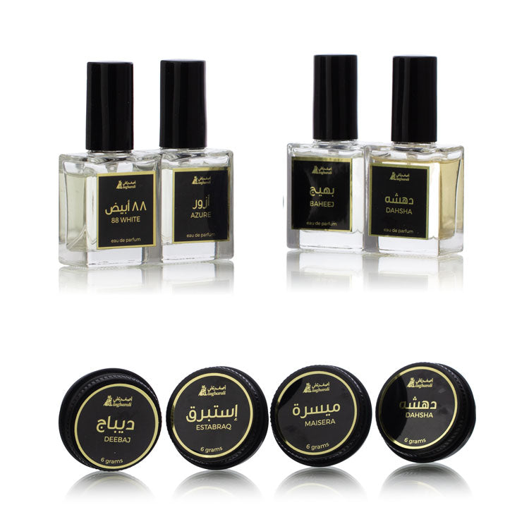 Close-up display of four 10ml mini perfume bottles and four 6g bakhoor jars from Discover Asgharali set.