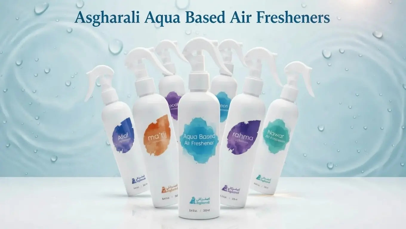 Asgharali Aqua Based Air Fresheners on a light blue background with water droplet design.