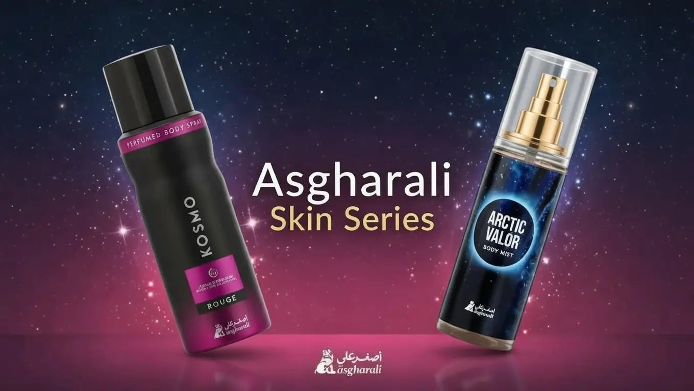 Two skincare products from Asgharali on a starry night background